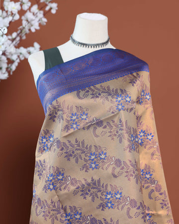 Exquisite Zari Woven Floral Motif Silk Saree with Intricate Border Design - Sandal
