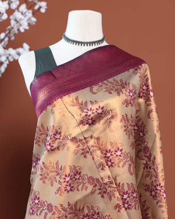 Exquisite Zari Woven Floral Motif Silk Saree with Intricate Border Design - Sandal