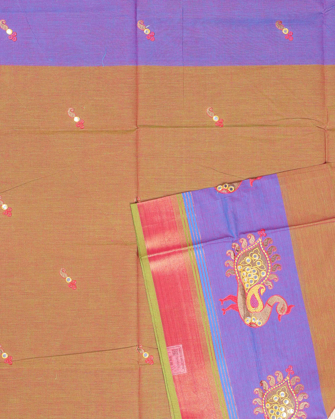 Handloom Cotton Saree with Peacock Embroidery - Double Shade