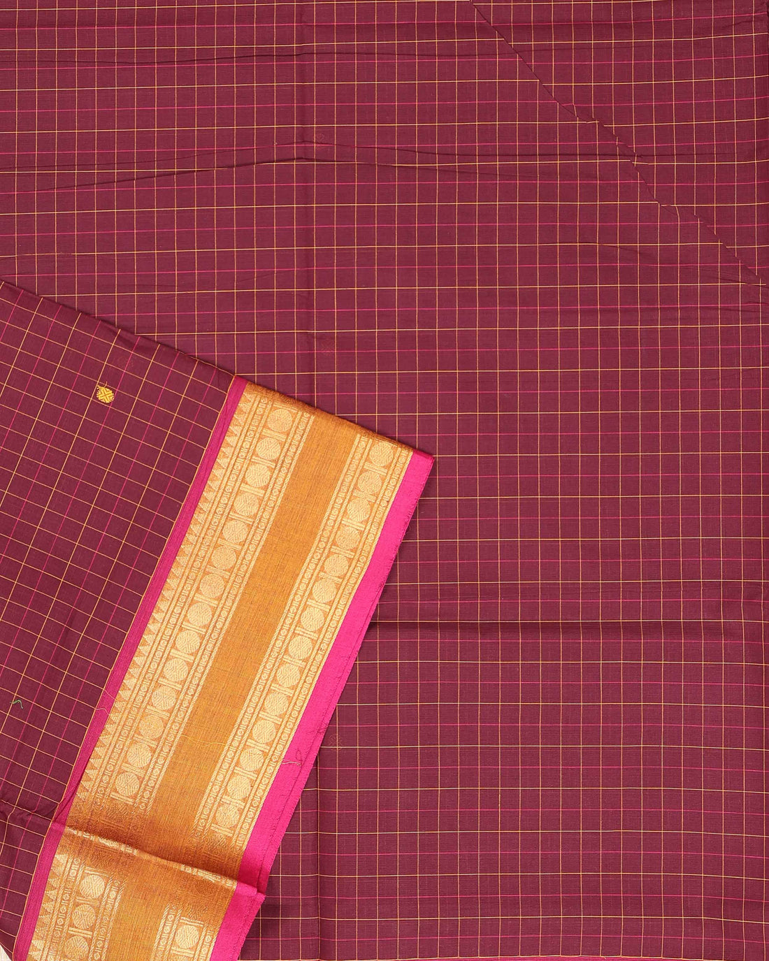 Handloom Cotton Saree with Checked Weave and Zari Border - Maroon