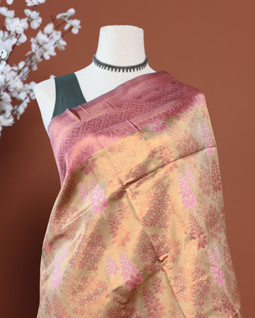 Exquisite Zari Woven Floral Motif Silk Saree with Intricate Border Design - Sandal