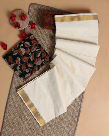 Traditional Kerala Kasavu Cotton Saree with Zari Border and Printed Blouse Piece - Off White