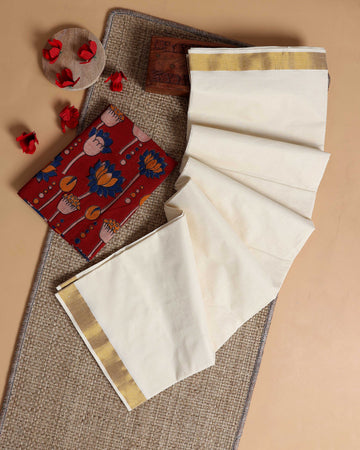 Traditional Kerala Kasavu Cotton Saree with Zari Border and Printed Blouse Piece - Off White