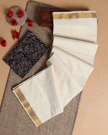 Traditional Kerala Kasavu Cotton Saree with Zari Border and Printed Blouse Piece - Off White