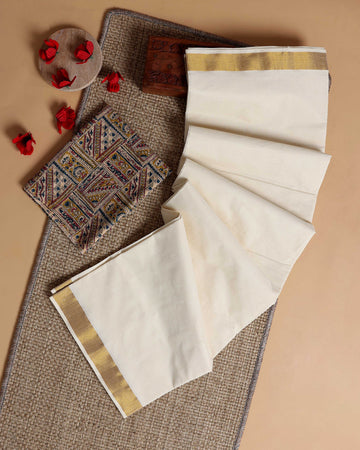 Traditional Kerala Kasavu Cotton Saree with Zari Border and Printed Blouse Piece - Off White