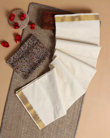 Traditional Kerala Kasavu Cotton Saree with Zari Border and Printed Blouse Piece - Off White