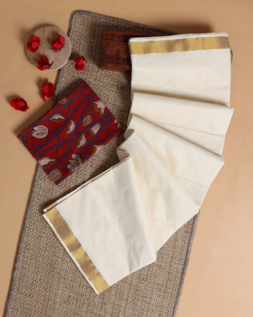 Traditional Kerala Kasavu Cotton Saree with Zari Border and Printed Blouse Piece - Off White