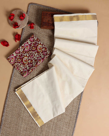 Traditional Kerala Kasavu Cotton Saree with Zari Border and Printed Blouse Piece - Off White