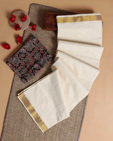 Traditional Kerala Kasavu Cotton Saree with Zari Border and Printed Blouse Piece - Off White