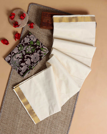 Traditional Kerala Kasavu Cotton Saree with Zari Border and Printed Blouse Piece - Off White
