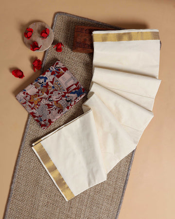 Traditional Kerala Kasavu Cotton Saree with Zari Border and Printed Blouse Piece - Off White