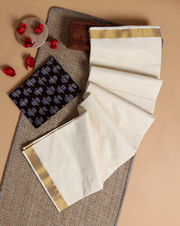Traditional Kerala Kasavu Cotton Saree with Zari Border and Printed Blouse Piece - Off White