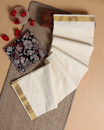 Traditional Kerala Kasavu Cotton Saree with Zari Border and Printed Blouse Piece - Off White