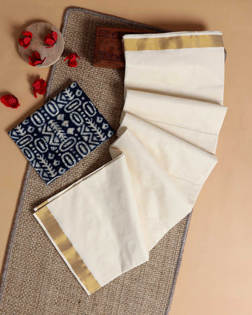 Traditional Kerala Kasavu Cotton Saree with Zari Border and Printed Blouse Piece - Off White