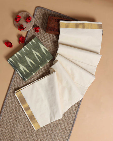 Traditional Kerala Kasavu Cotton Saree with Zari Border and Printed Blouse Piece - Off White
