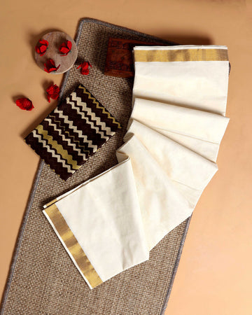 Traditional Kerala Kasavu Cotton Saree with Zari Border and Printed Blouse Piece - Off White
