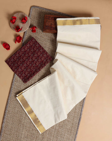 Traditional Kerala Kasavu Cotton Saree with Zari Border and Printed Blouse Piece - Off White