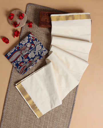 Traditional Kerala Kasavu Cotton Saree with Zari Border and Printed Blouse Piece - Off White