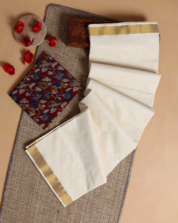 Traditional Kerala Kasavu Cotton Saree with Zari Border and Printed Blouse Piece - Off White