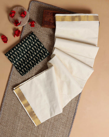 Traditional Kerala Kasavu Cotton Saree with Zari Border and Printed Blouse Piece - Off White