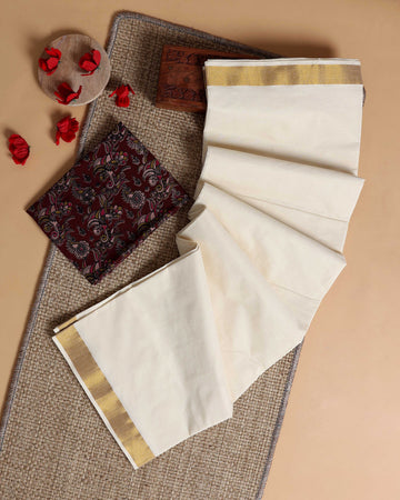 Traditional Kerala Kasavu Cotton Saree with Zari Border and Printed Blouse Piece - Off White