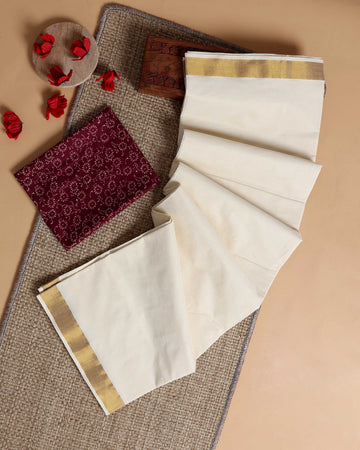 Traditional Kerala Kasavu Cotton Saree with Zari Border and Printed Blouse Piece - Off White