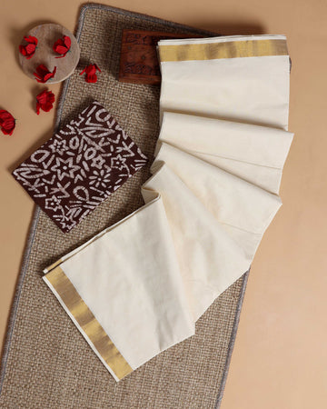 Traditional Kerala Kasavu Cotton Saree with Zari Border and Printed Blouse Piece - Off White