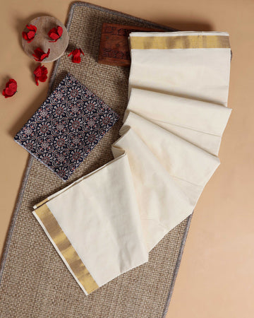 Traditional Kerala Kasavu Cotton Saree with Zari Border and Printed Blouse Piece - Off White