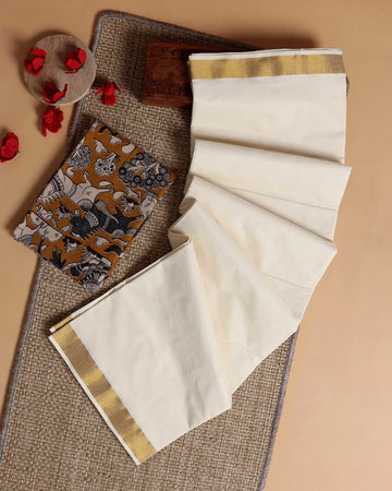 Traditional Kerala Kasavu Cotton Saree with Zari Border and Printed Blouse Piece - Off White