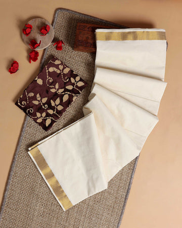 Traditional Kerala Kasavu Cotton Saree with Zari Border and Printed Blouse Piece - Off White