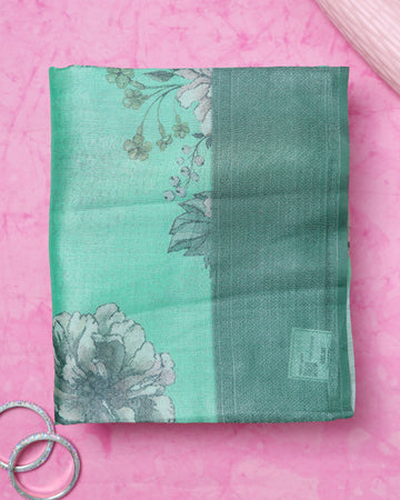 Fancy Silk Saree With Bold Floral Prints And Woven Design - Green