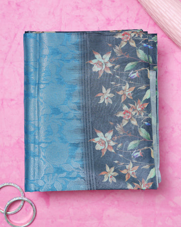 Fancy Silk Saree With Subtle Floral Print And Textured Pallu - Blue
