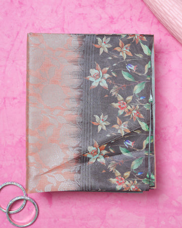Fancy Silk Saree With Subtle Floral Print And Textured Pallu - Peach