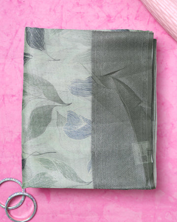 Fancy Silk Saree with Subtle Leaf Motifs And Textured Border - Green