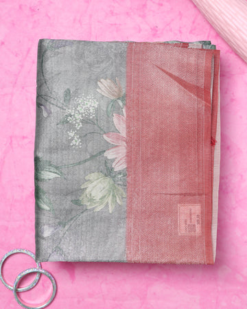 Fancy Silk Saree With Bold Floral Prints And Woven Design - Grey
