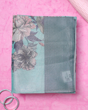 Fancy Silk Saree With Bold Floral Prints And Woven Design - Blue
