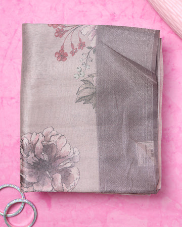 Fancy Silk Saree With Bold Floral Prints And Woven Design - Grey