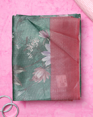 Fancy Silk Saree With Bold Floral Prints And Woven Design - Green