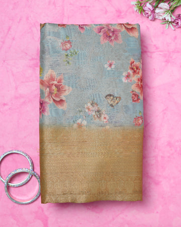 Floral Fancy Silk Saree with Contrast Zari Border -Grey