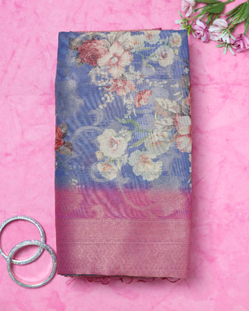 Floral Fancy Silk Saree with Contrast Zari Border - Blue