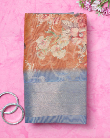 Floral Fancy Silk Saree with Contrast Zari Border- Brown