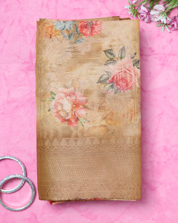 Floral Fancy Silk Saree with Contrast Zari Border - Gold
