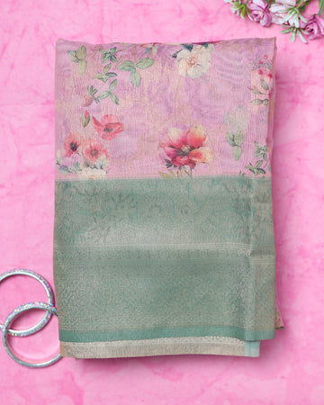 Floral Fancy Silk Saree with Contrast Zari Border - Pink