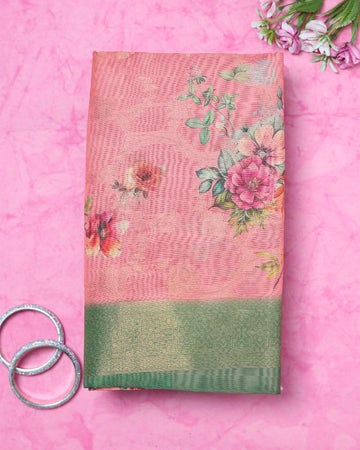 Floral Fancy Silk Saree with Contrast Zari Border - Pink