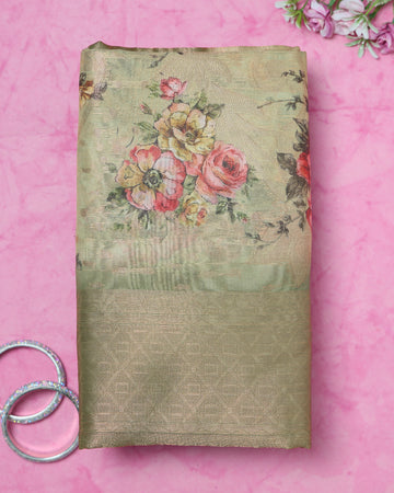 Floral Fancy Silk Saree with Contrast Zari Border - Green