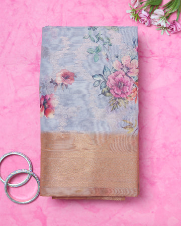 Grey Printed Fancy Silk Saree