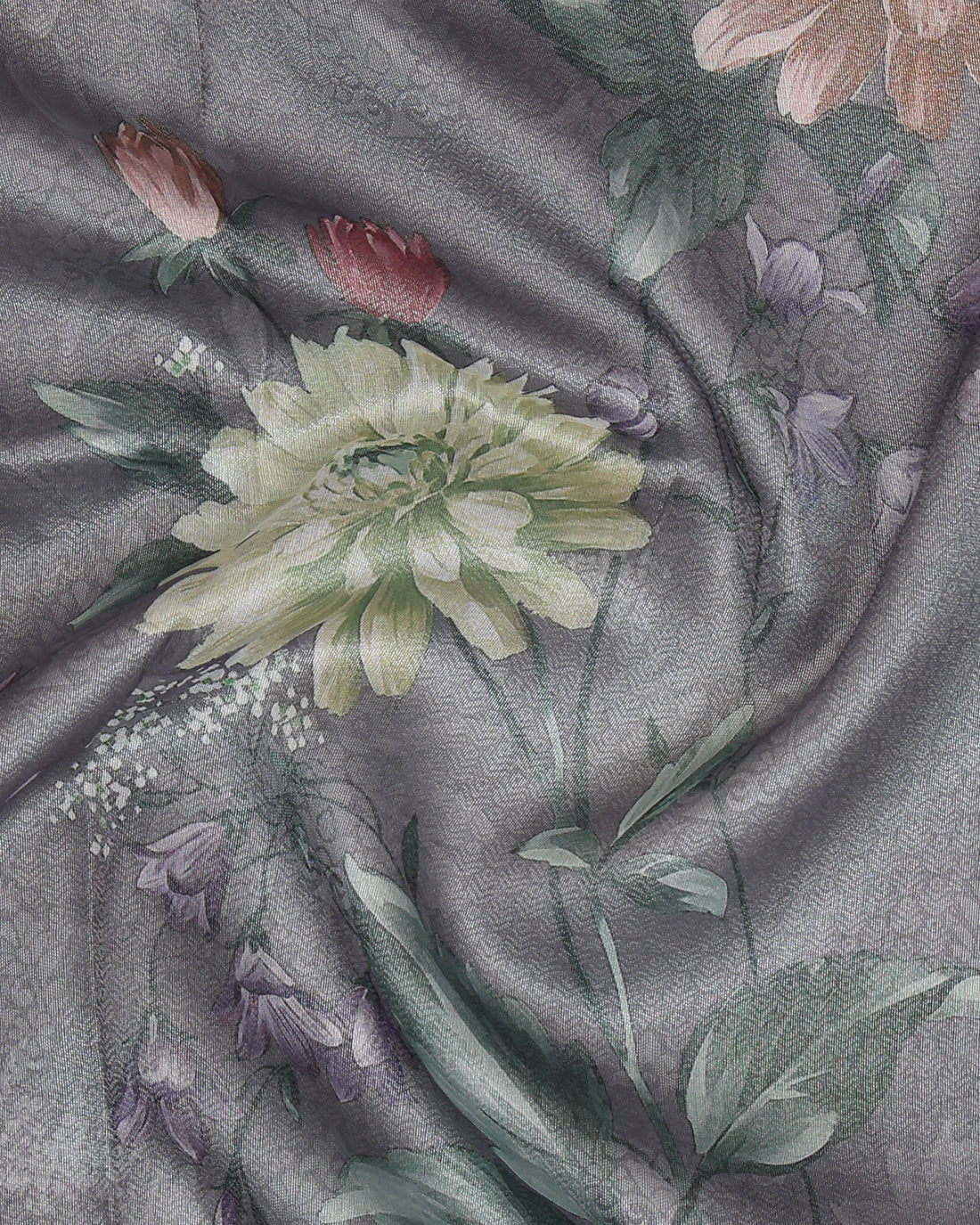 Fancy Silk Saree With Bold Floral Prints And Woven Design - Grey