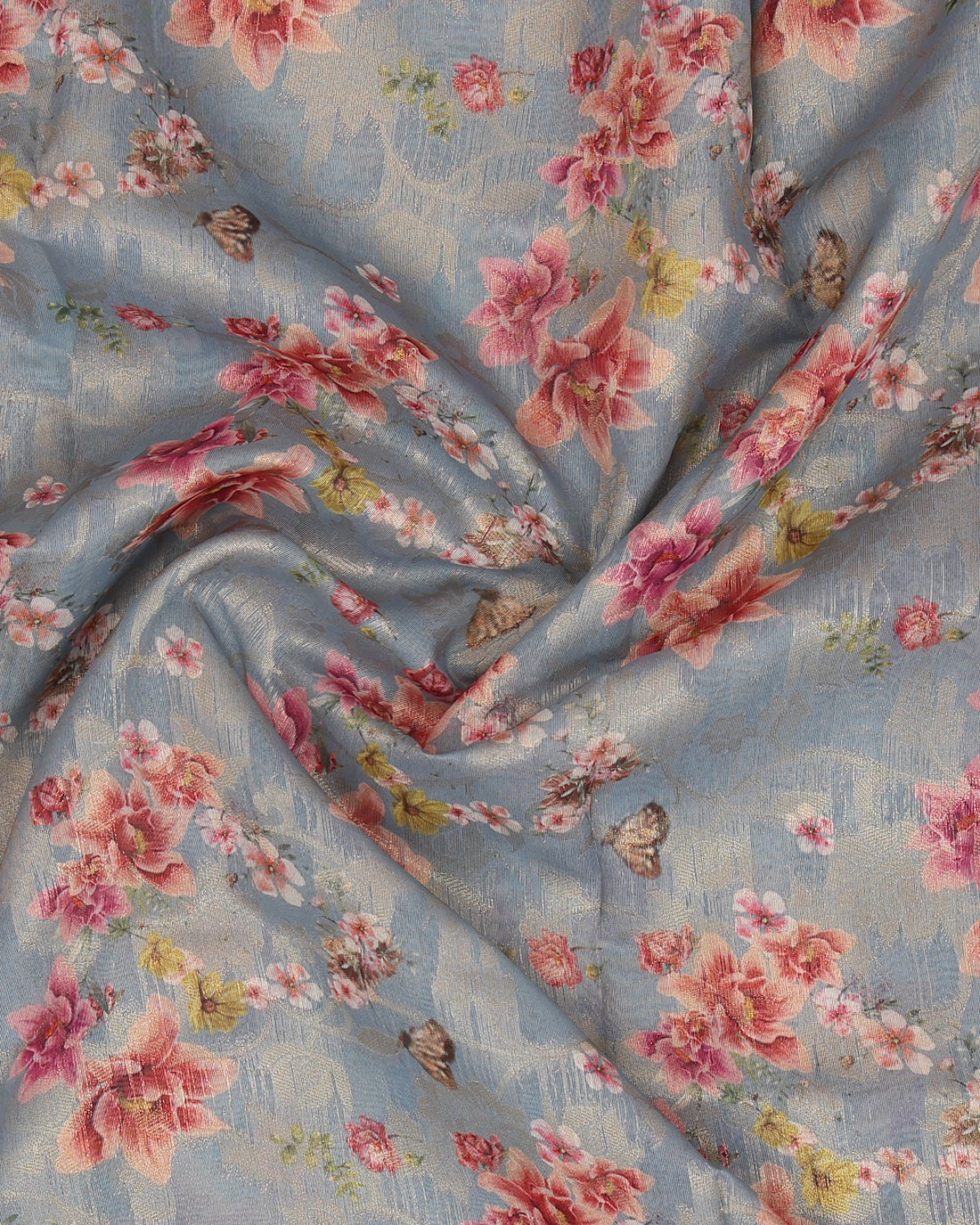 Floral Fancy Silk Saree with Contrast Zari Border -Grey