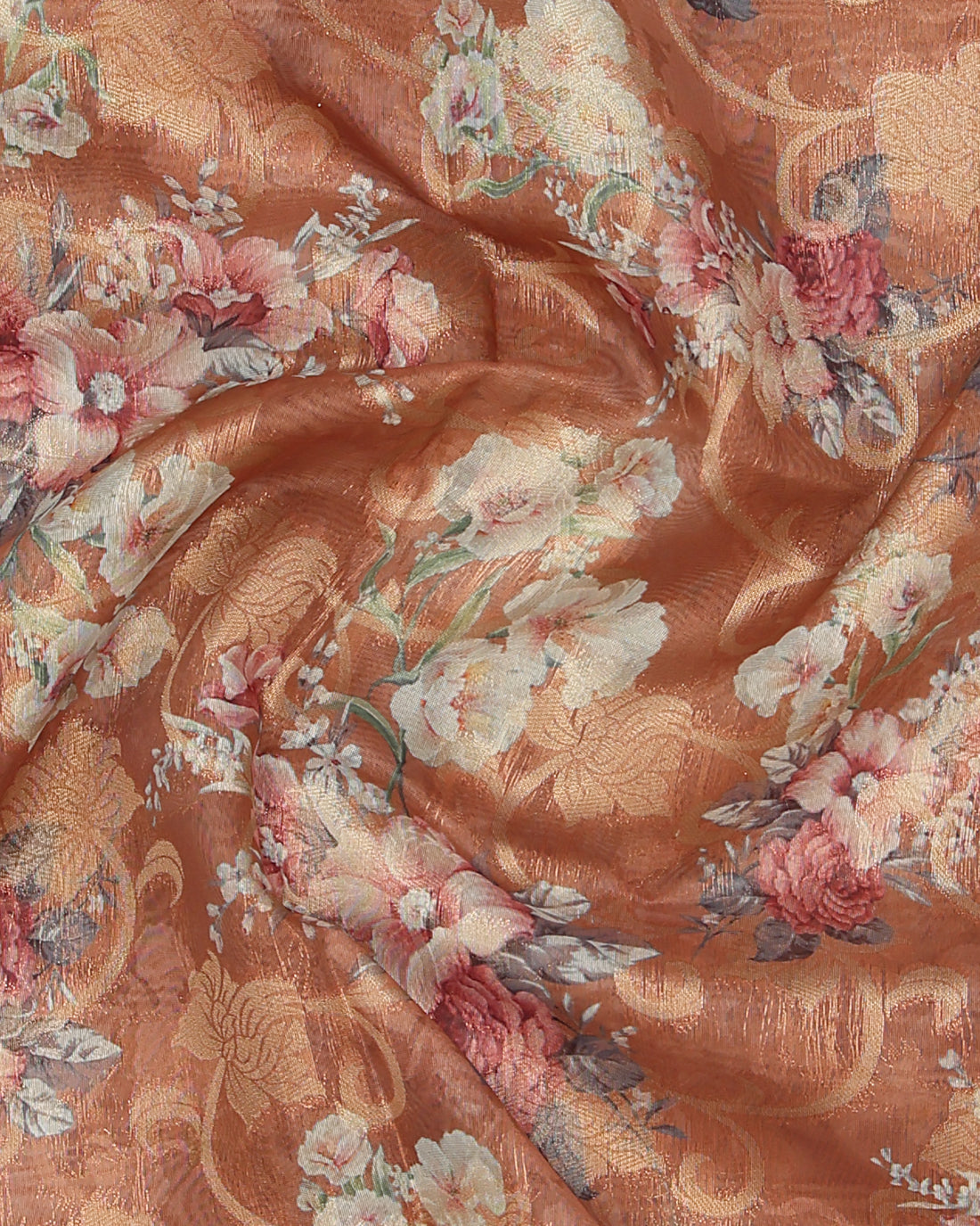 Floral Fancy Silk Saree with Contrast Zari Border- Brown