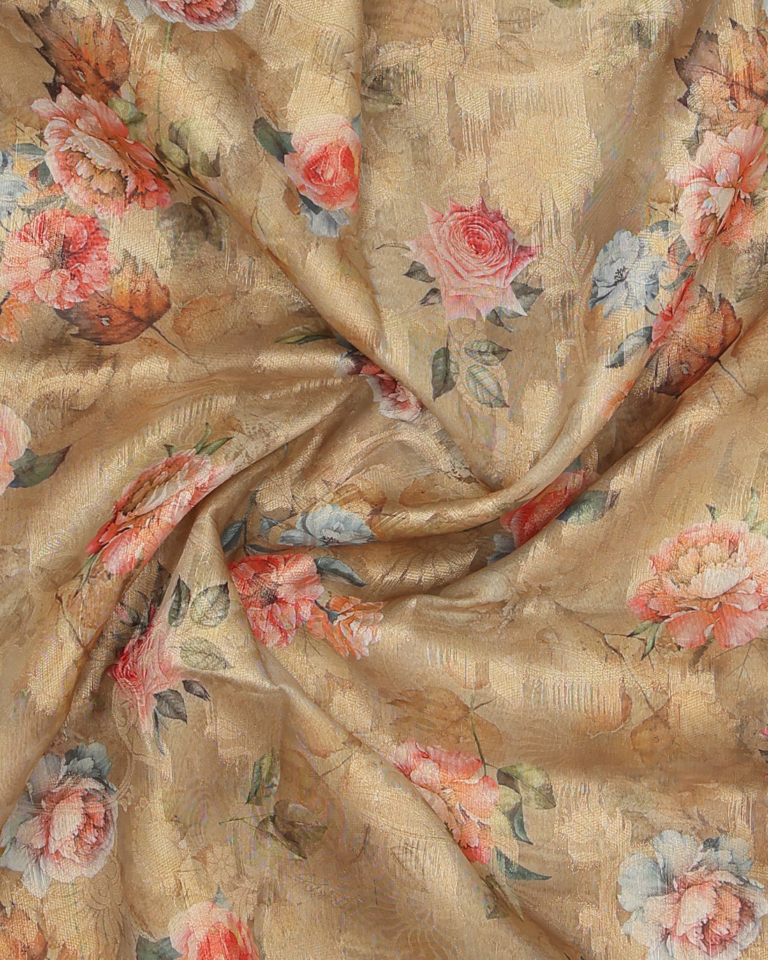 Floral Fancy Silk Saree with Contrast Zari Border - Gold